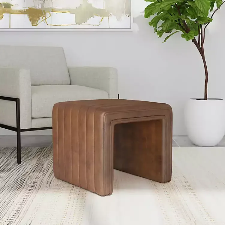 Kirklands Home Benches & Ottomans|Faux Leather Channeled Upholstered Ottoman Brown