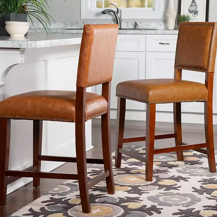 Kirklands Home Bar Stools & Counter Height Stools|Brown Faux Leather Square Classic Counter Stool Tan