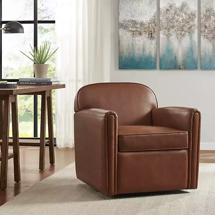 Kirklands Home Accent Chairs|Faux Leather Swivel Club Chair Brown