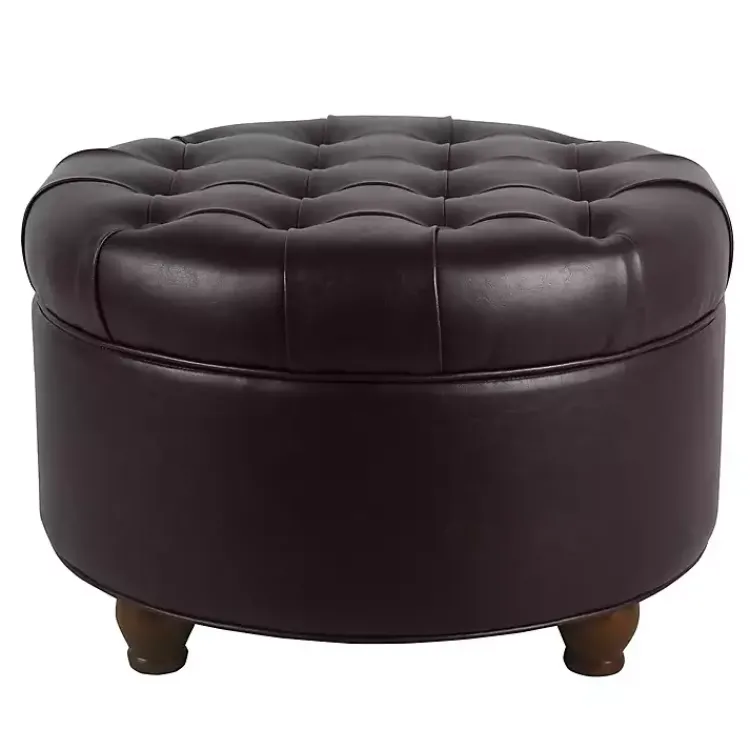 Kirklands Home Benches & Ottomans|Faux Leather Tufted Round Storage Ottoman Brown