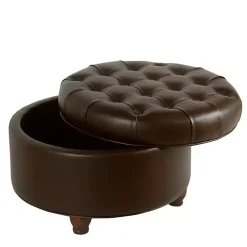 Kirklands Home Benches & Ottomans|Faux Leather Tufted Round Storage Ottoman Brown