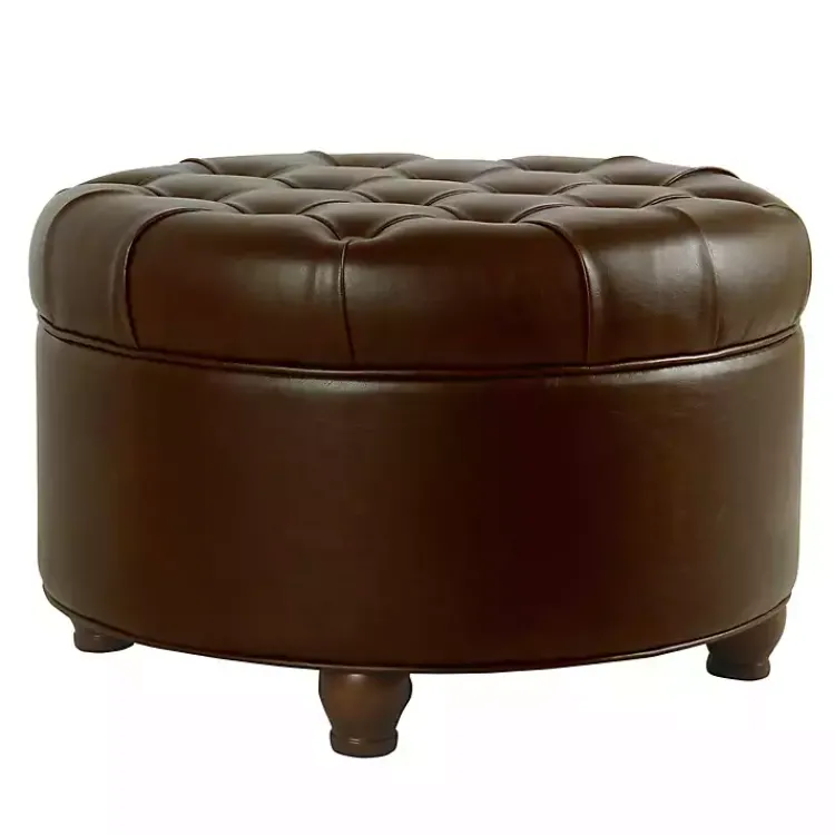 Kirklands Home Benches & Ottomans|Faux Leather Tufted Round Storage Ottoman Brown