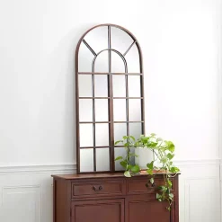 Kirklands Home Decorative Mirrors|Metal Arch Frame Windowpane Wall Mirror Brown
