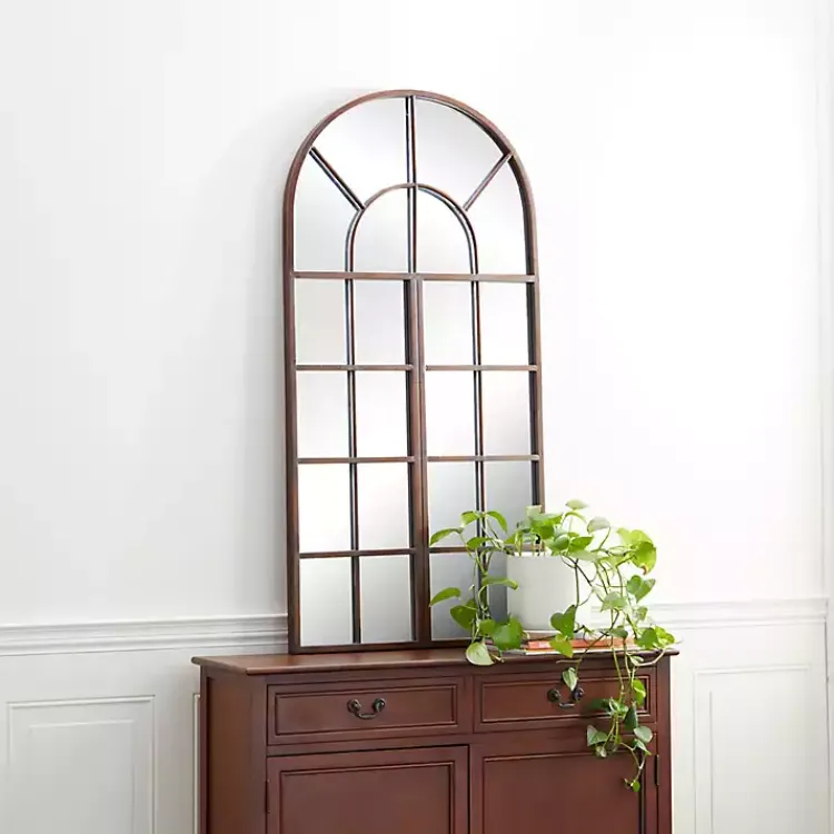Kirklands Home Decorative Mirrors|Metal Arch Frame Windowpane Wall Mirror Brown