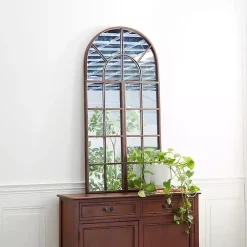 Kirklands Home Decorative Mirrors|Metal Arch Frame Windowpane Wall Mirror Brown