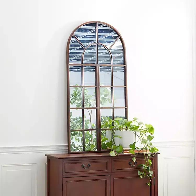 Kirklands Home Decorative Mirrors|Metal Arch Frame Windowpane Wall Mirror Brown