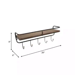 Kirklands Home Hooks|Brown Metal Frame Wood Wall Shelf with Hooks