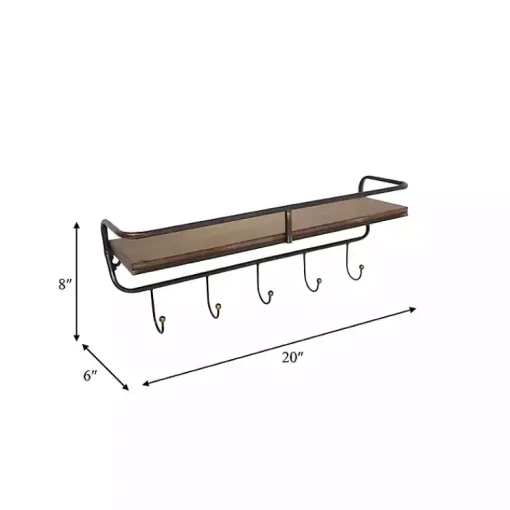 Kirklands Home Hooks|Brown Metal Frame Wood Wall Shelf with Hooks