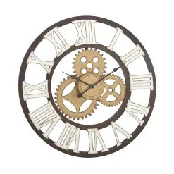 Kirklands Home Clocks|Brown Metal Open Face Gold Gears Wall Clock