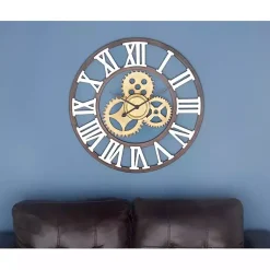 Kirklands Home Clocks|Brown Metal Open Face Gold Gears Wall Clock