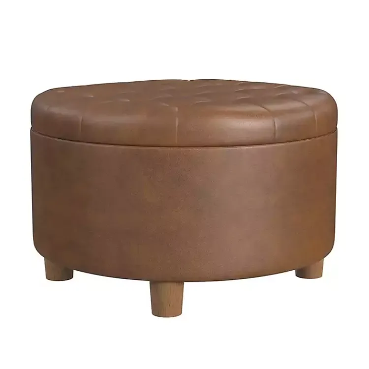 Kirklands Home Benches & Ottomans|Round Faux Leather Tufted Storage Ottoman Brown
