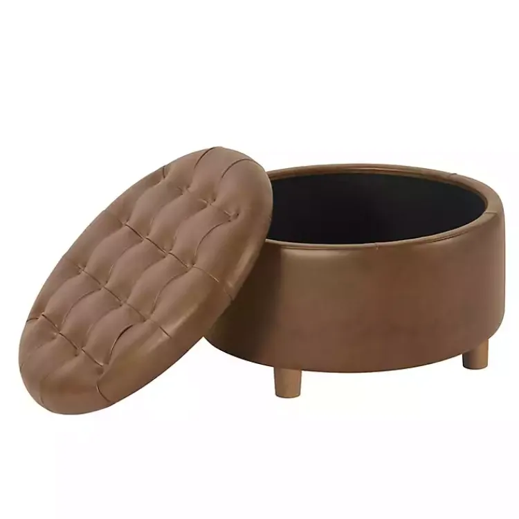 Kirklands Home Benches & Ottomans|Round Faux Leather Tufted Storage Ottoman Brown