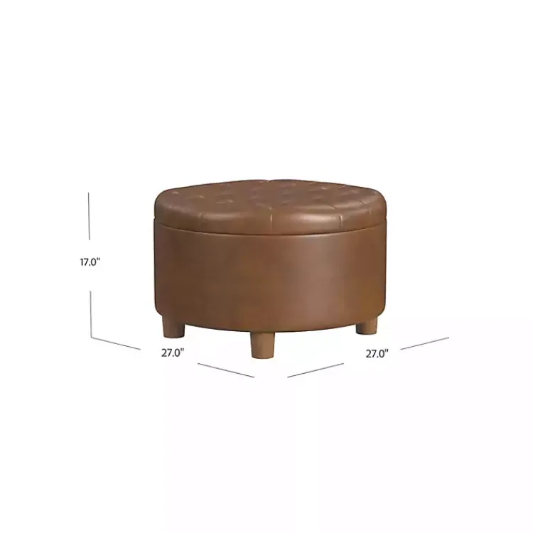 Kirklands Home Benches & Ottomans|Round Faux Leather Tufted Storage Ottoman Brown