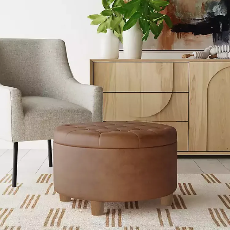 Kirklands Home Benches & Ottomans|Round Faux Leather Tufted Storage Ottoman Brown