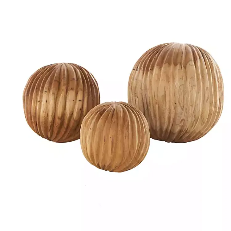 New Brown Teak Wood Carved Orbs, Set of 3 Bowl Filler