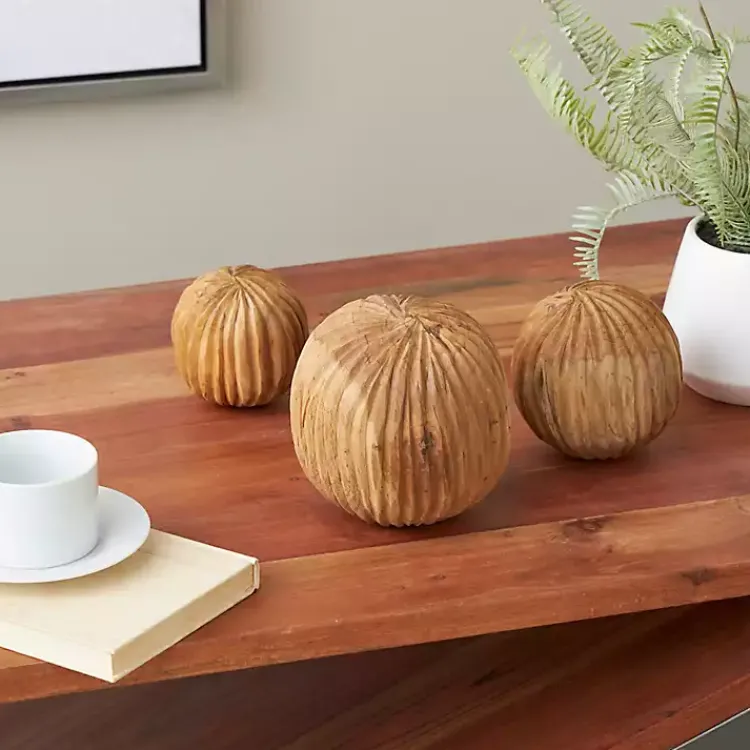 New Brown Teak Wood Carved Orbs, Set of 3 Bowl Filler