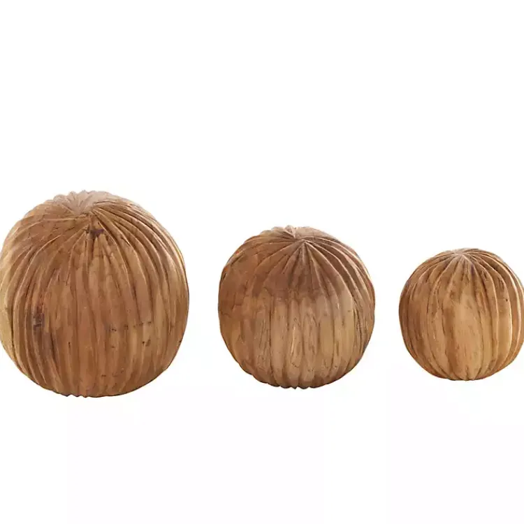 New Brown Teak Wood Carved Orbs, Set of 3 Bowl Filler