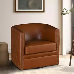 Kirklands Home Accent Chairs|Tufted Faux Leather Barrel Swivel Chair Brown