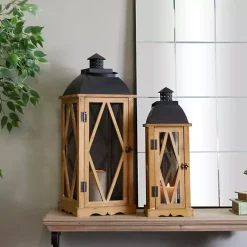 Best Brown Wood and Black Mesh Lanterns, Set of 2 Lanterns