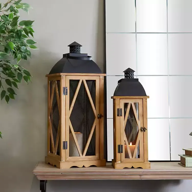 Best Brown Wood and Black Mesh Lanterns, Set of 2 Lanterns