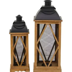 Best Brown Wood and Black Mesh Lanterns, Set of 2 Lanterns
