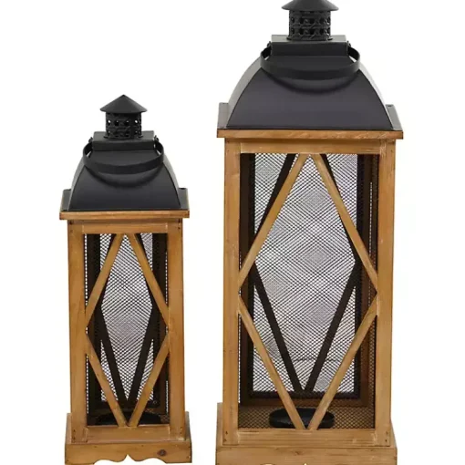 Best Brown Wood and Black Mesh Lanterns, Set of 2 Lanterns