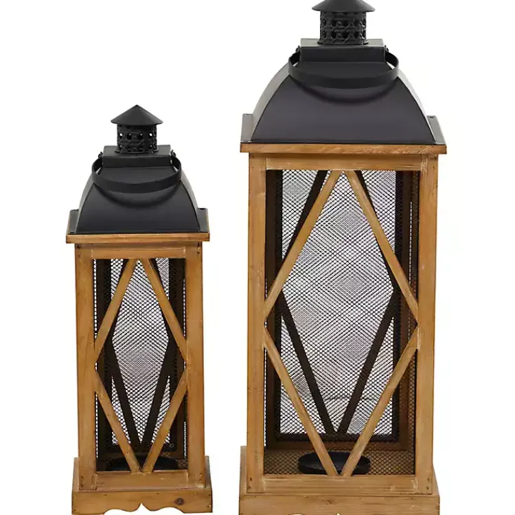 Best Brown Wood and Black Mesh Lanterns, Set of 2 Lanterns