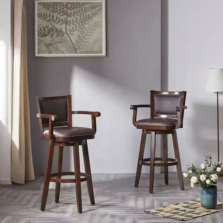 Kirklands Home Bar Stools & Counter Height Stools|Wood and Faux Leather Swivel Bar Stool Brown