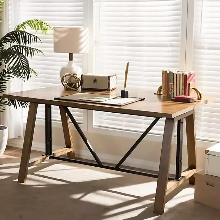 Kirklands Home Office Furniture|Brown Wood and Metal Linear Base Desk