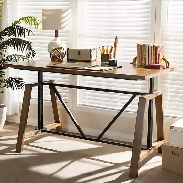 Kirklands Home Office Furniture|Brown Wood and Metal Linear Base Desk