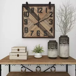 Kirklands Home Clocks|Brown Wood Black Metal Accent Square Wall Clock