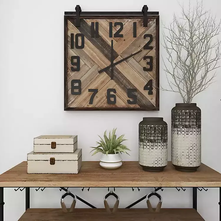 Kirklands Home Clocks|Brown Wood Black Metal Accent Square Wall Clock