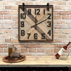 Kirklands Home Clocks|Brown Wood Black Metal Accent Square Wall Clock
