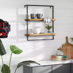 Kirklands Home Shelves|Brown Wood Black Metal Frame Wall Shelves