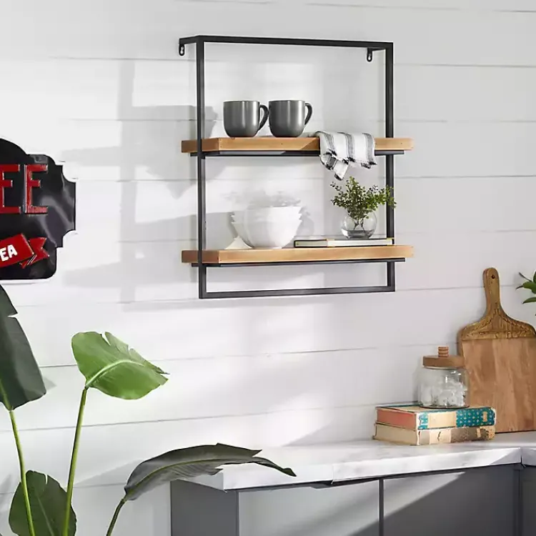 Kirklands Home Shelves|Brown Wood Black Metal Frame Wall Shelves