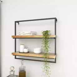 Kirklands Home Shelves|Brown Wood Black Metal Frame Wall Shelves