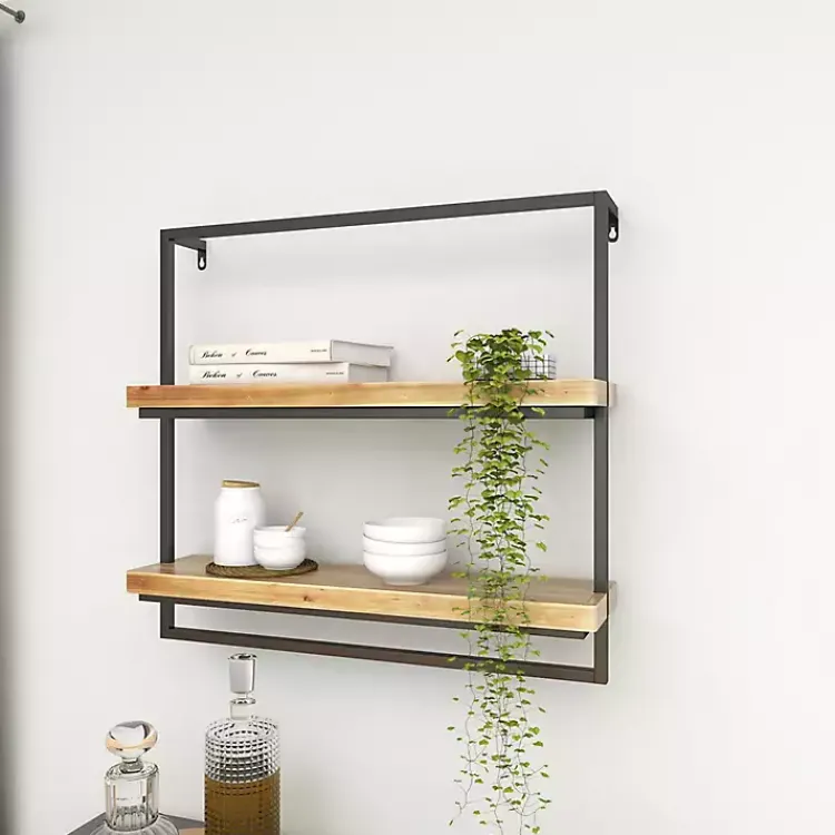 Kirklands Home Shelves|Brown Wood Black Metal Frame Wall Shelves
