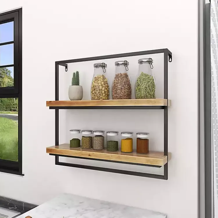 Kirklands Home Shelves|Brown Wood Black Metal Frame Wall Shelves