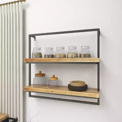 Kirklands Home Shelves|Brown Wood Black Metal Frame Wall Shelves