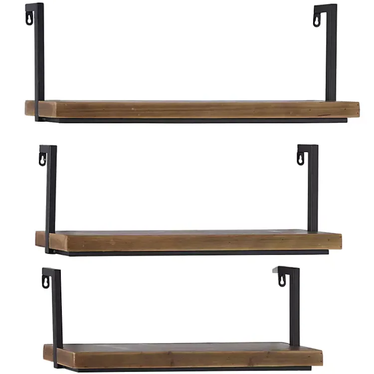 Kirklands Home Shelves|Brown Wood Black Metal Frame 3-pc. Wall Shelves