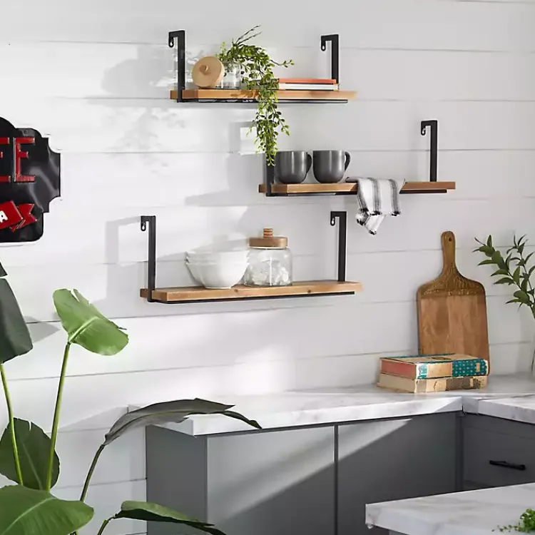 Kirklands Home Shelves|Brown Wood Black Metal Frame 3-pc. Wall Shelves