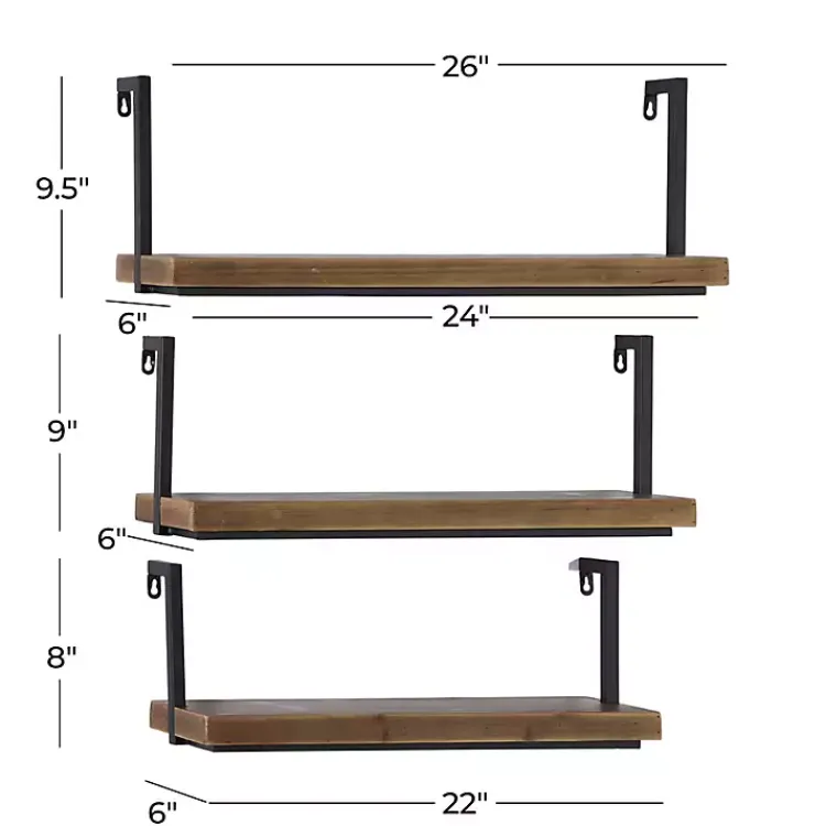 Kirklands Home Shelves|Brown Wood Black Metal Frame 3-pc. Wall Shelves