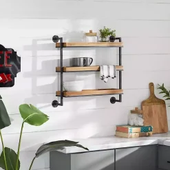 Kirklands Home Shelves|Brown Wood Black Metal Pipe Frame Wall Shelf