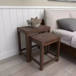 Kirklands Home Accent & End Tables|Wood Carved Floral Nesting Tables, Set of 2 Brown