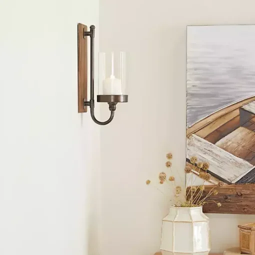 Discount Brown Wood Sconce with Glass Holder Sconces