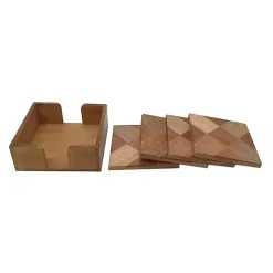 Kirklands Home Kitchen Accessories|Wood Tile Coasters and Holder, Set of 5 Brown