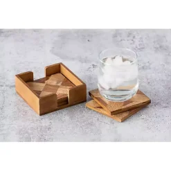 Kirklands Home Kitchen Accessories|Wood Tile Coasters and Holder, Set of 5 Brown