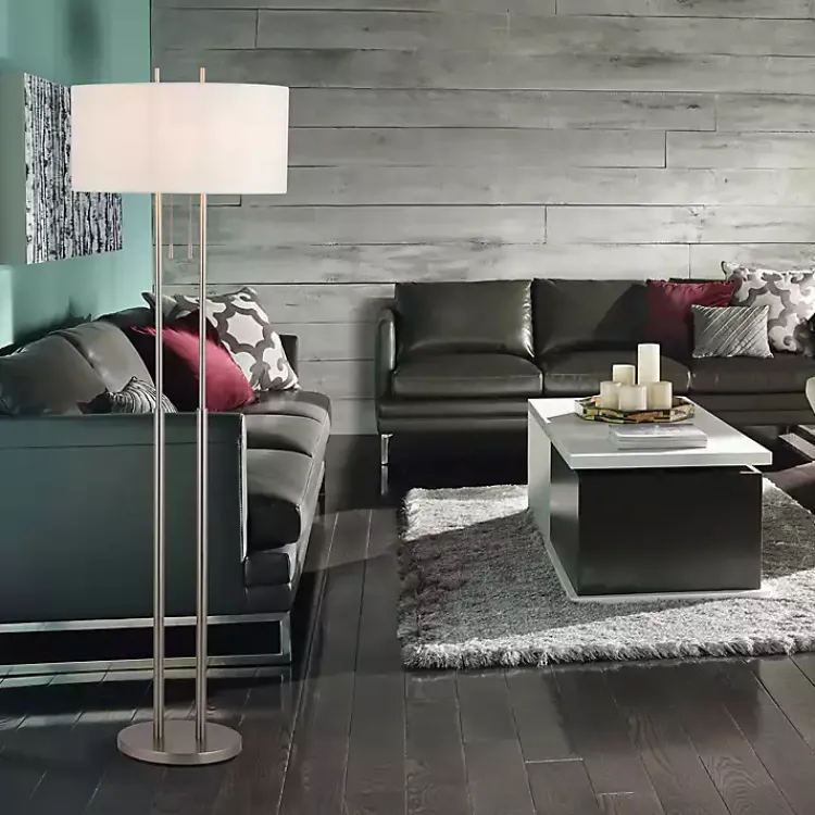 Kirklands Home Floor Lamps|Brushed Steel Double-Bulb Oval Floor Lamp Ivory