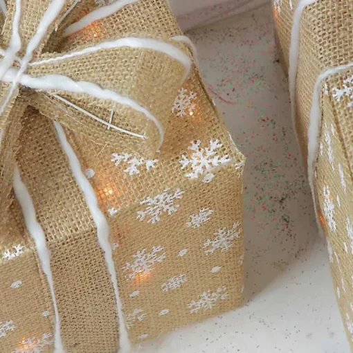 Clearance Burlap Snowflake Pre-Lit Christmas Gifts, Set of 3 Outdoor Christmas Decorations
