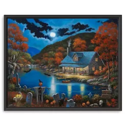 New Cabin On Lake Graveyard Framed Canvas Art Print Halloween